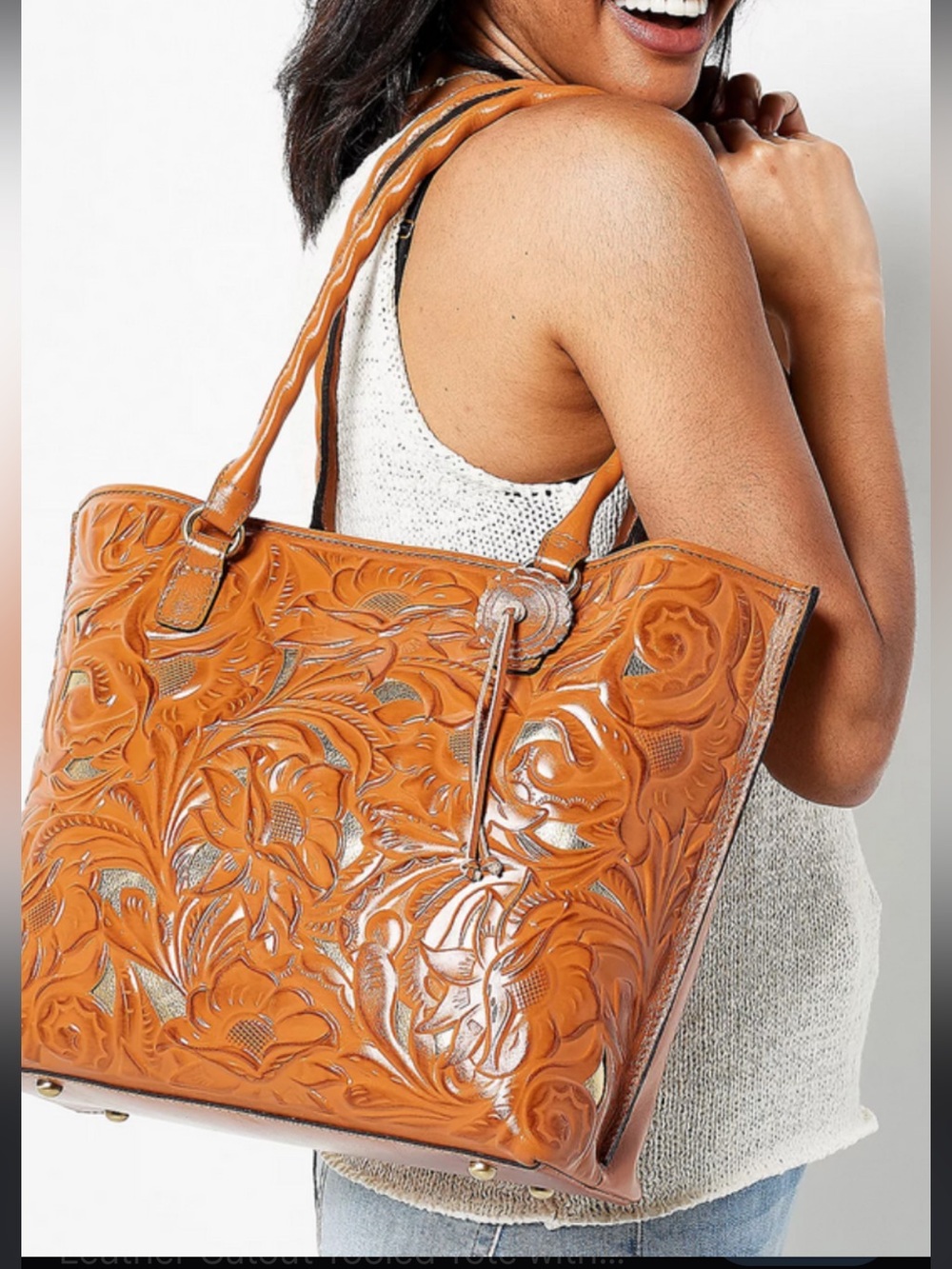 Patricia Nash Adeline Burnished Cutout Tooled Leather Cognac Tote